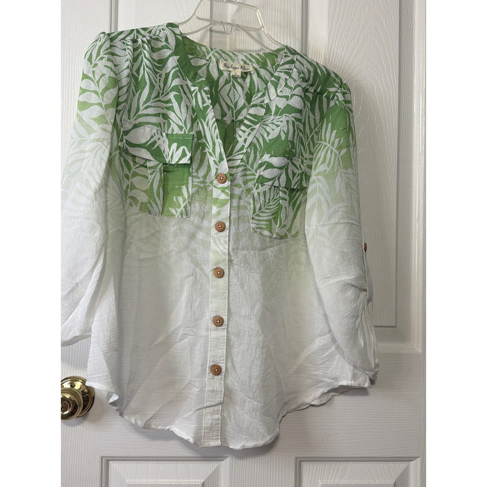 Indigo Rose Green White Palm Leaf Ombre Roll Tab Sleeve Button Down Top Large